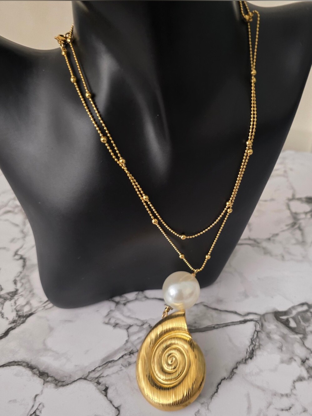 Gold-Tone Double-Layer Necklace with Pearl and Swirl Pendant